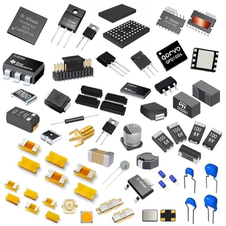 A detailed shot of various electronic components soldered on a PCB.