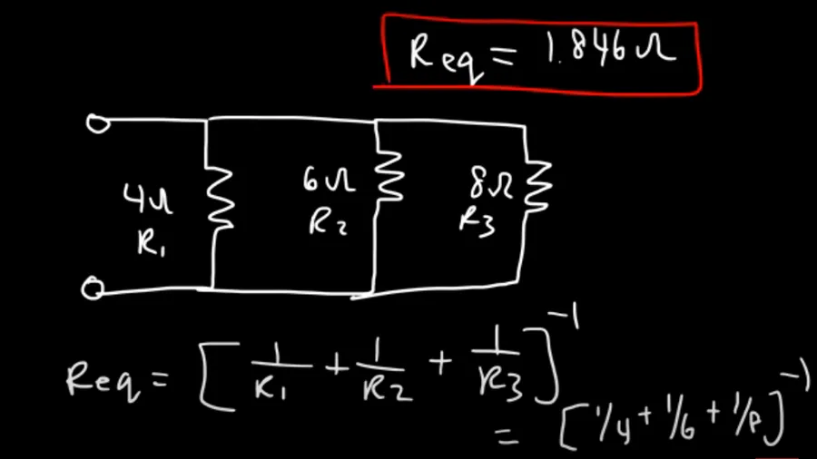 A diagram showing the simplification of series and parallel circuits to equivalent resistors.