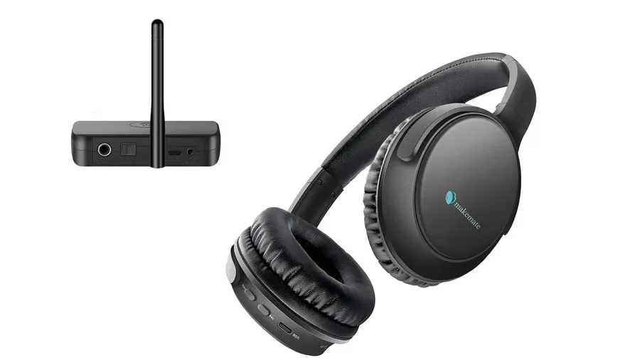 A TV, a smartphone, and a pair of headphones arranged together.