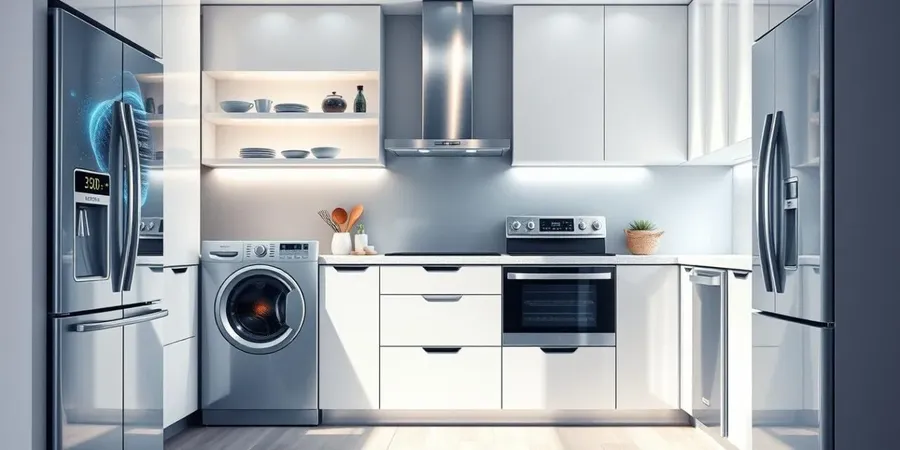 A smart refrigerator, a washing machine, and various kitchen appliances in a modern home setting.
