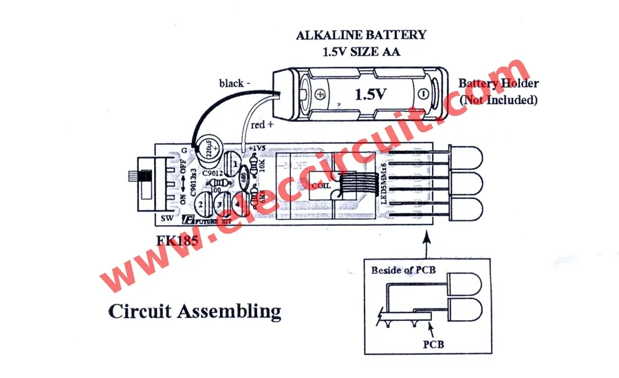 An open flashlight showing the simple circuit inside including the battery, wires and bulb.