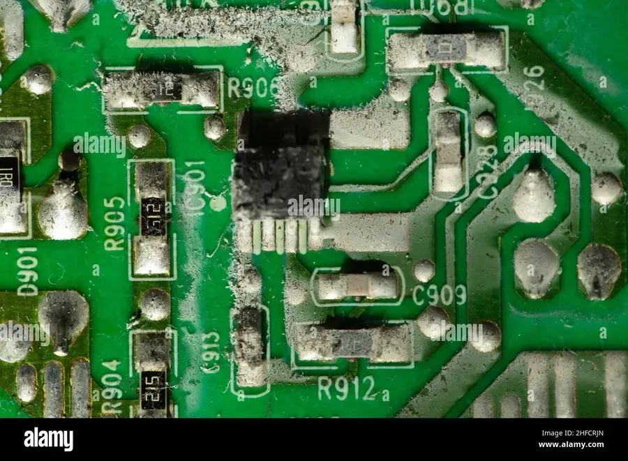 A PCB board with visible damage.