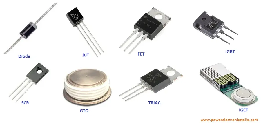 Close-up of various power electronic components on a circuit board.