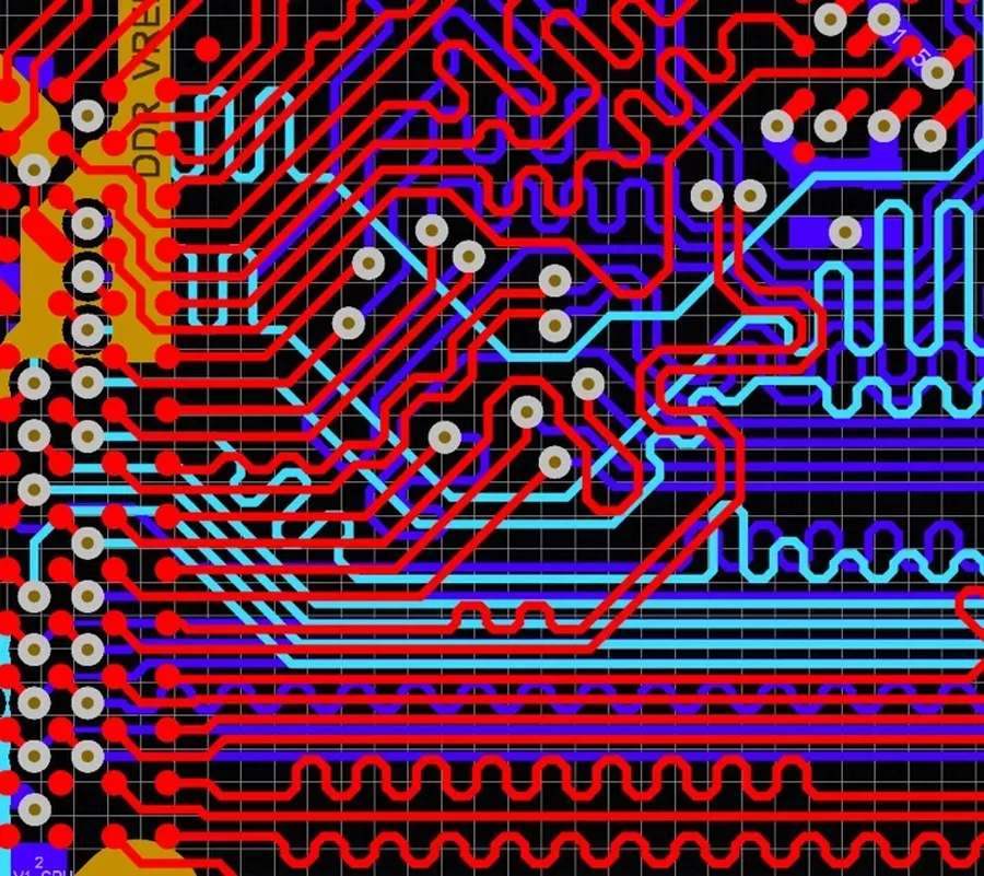 A close-up image highlighting signal traces on a high-speed PCB.