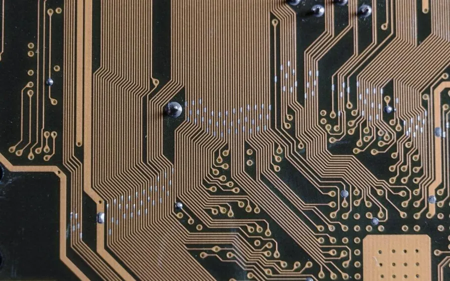 A detailed image of circuit traces on a PCB.
