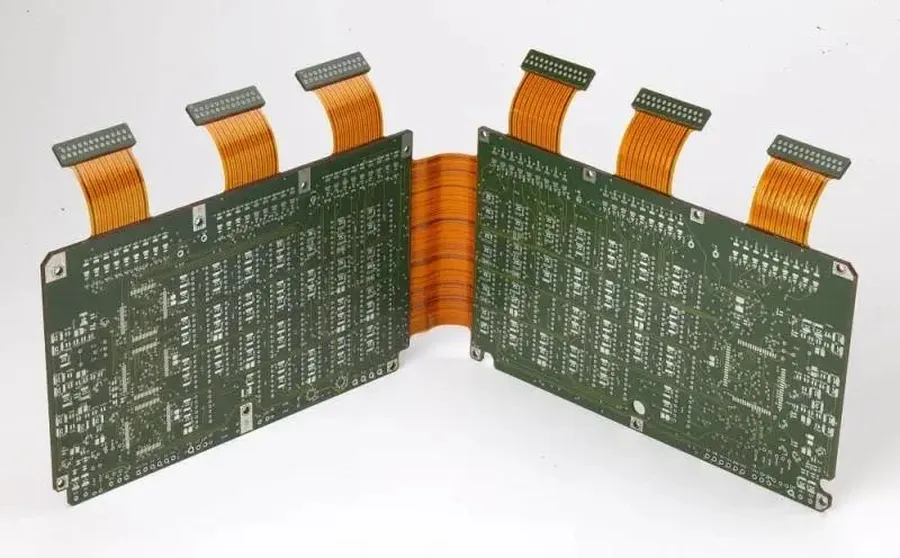 A rigid-flex PCB showing both rigid and flexible parts.
