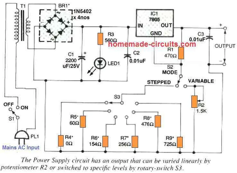 Simplified internal circuit diagram of the 7805 regulator.