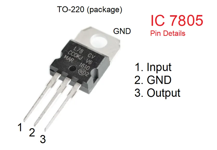 A diagram showing the pin configuration of a 7805 voltage regulator.