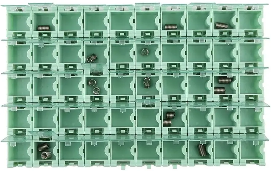 A set of drawers used for storing electronic components.