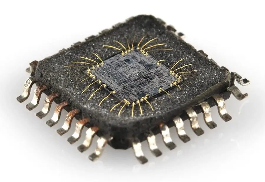 A close-up of various integrated circuit chips.