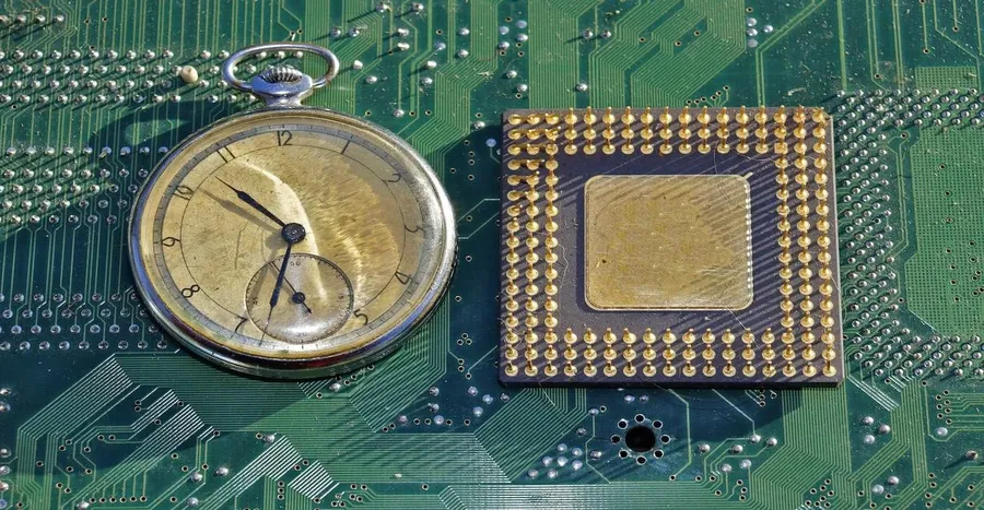 An image of early integrated circuit chips and their development timeline.