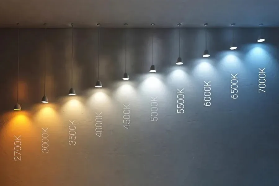 A display showing different LED light color temperatures, from warm to cool.