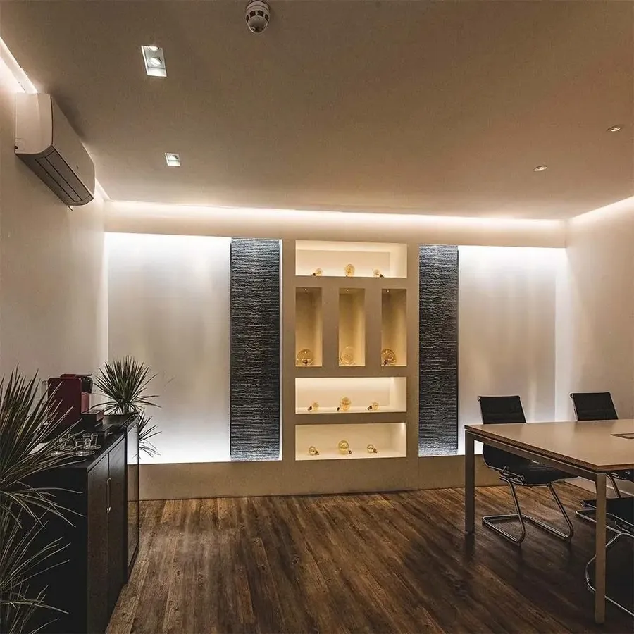 An indoor scene using LED strip lights for accent lighting.