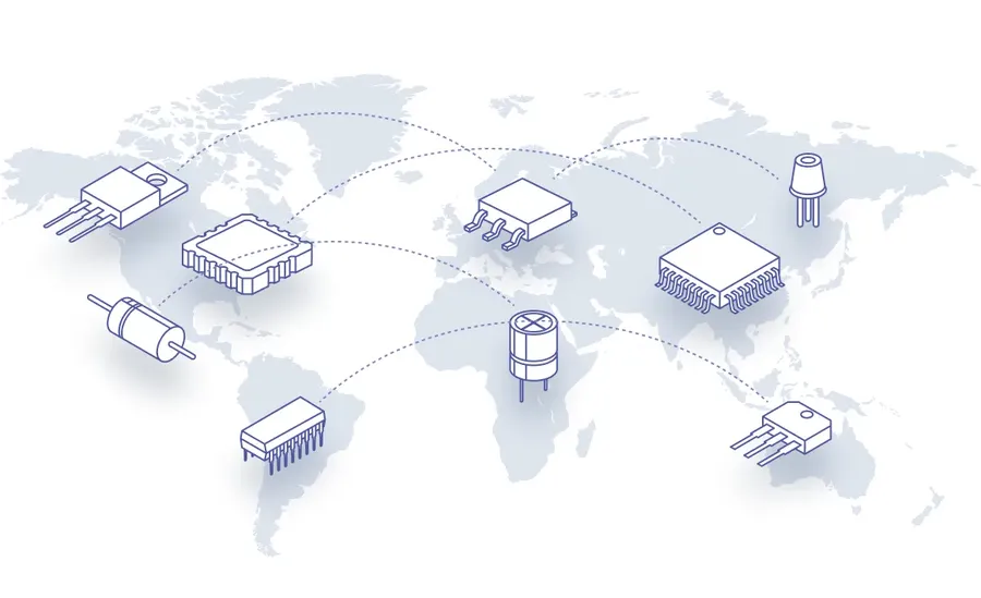 A diagram showing interconnected relationships between electronic parts suppliers.