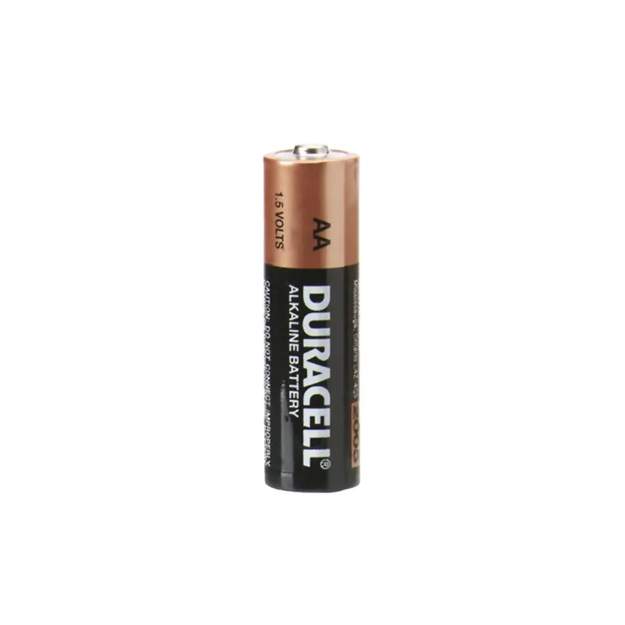 A close-up of a single AA battery.