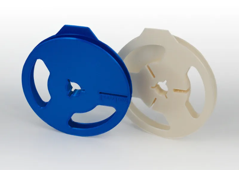 Reels of surface mount components used in SMT assembly.