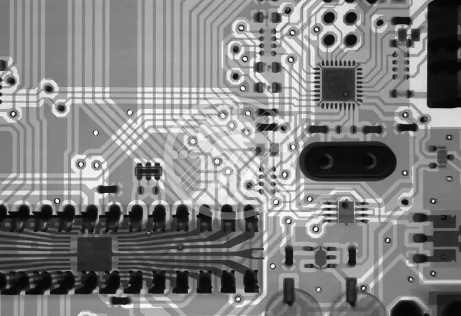 An X-ray machine inspecting a PCB assembly.