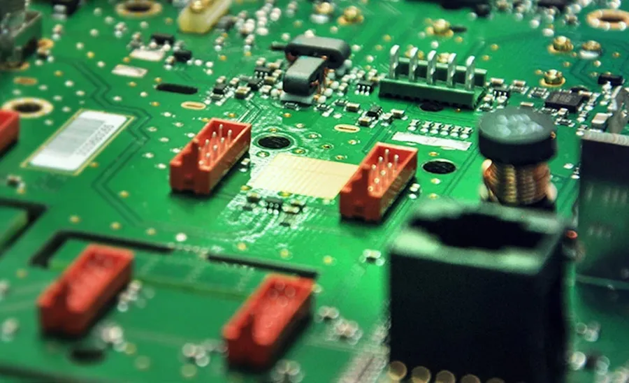 A circuit board inside an electronic device.