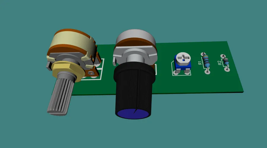 A 3D rendered view of a PCB design created in DipTrace.