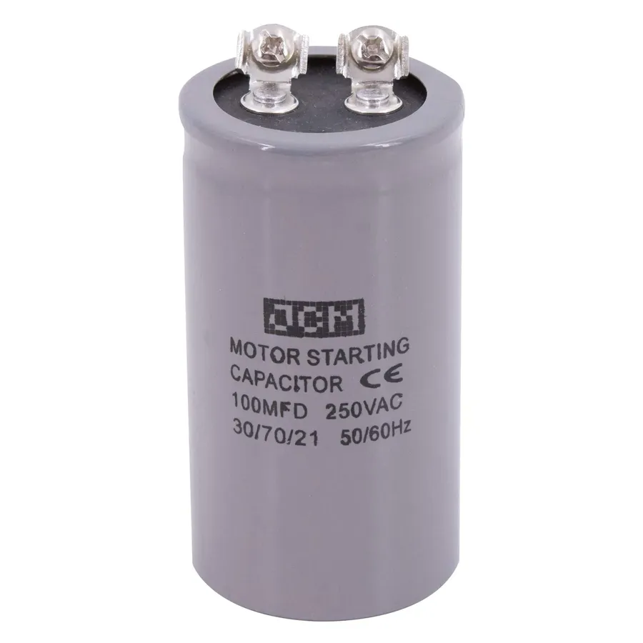 Various sizes and types of motor start capacitors.