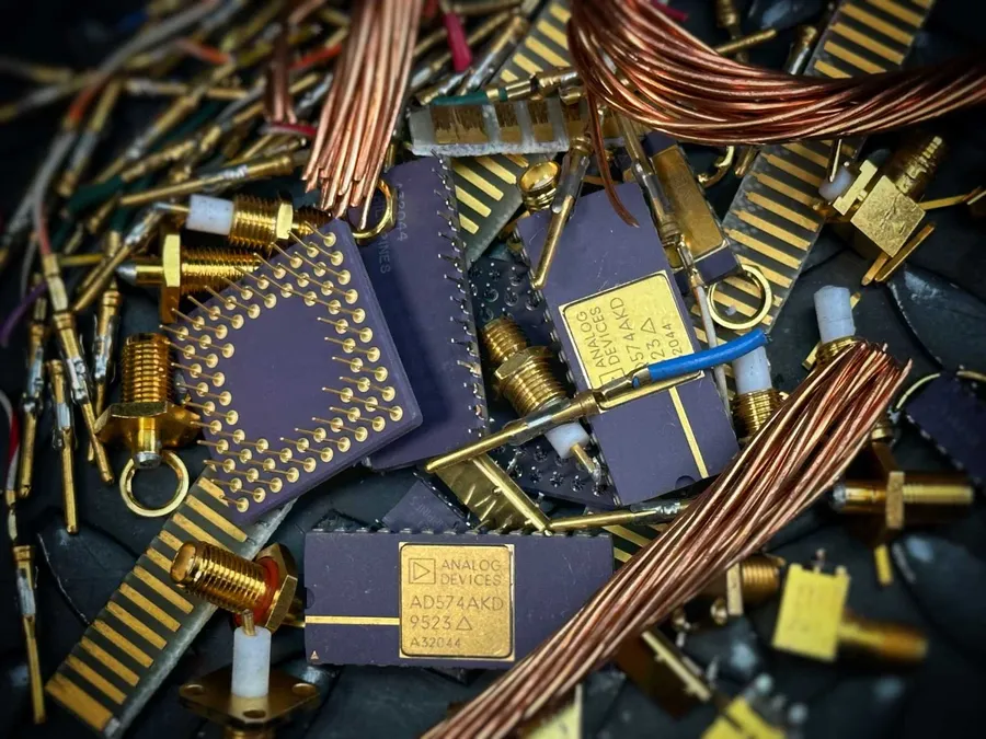A picture of a surplus store with bins containing various electronic parts.