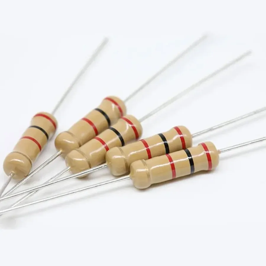 A 470 ohm resistor soldered on a circuit board.