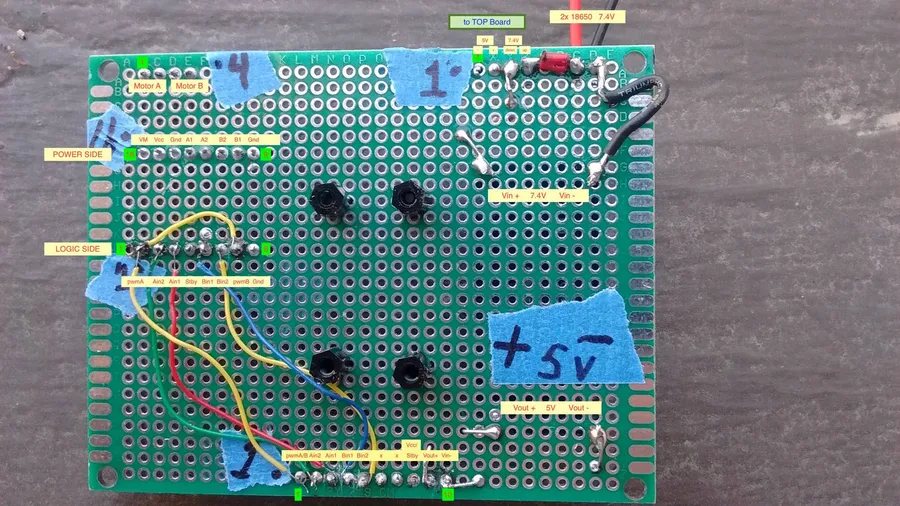 A perfboard with electronic components soldered onto it.