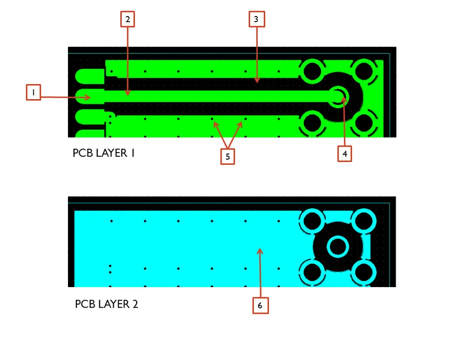 An RF PCB with microstrip traces clearly visible.
