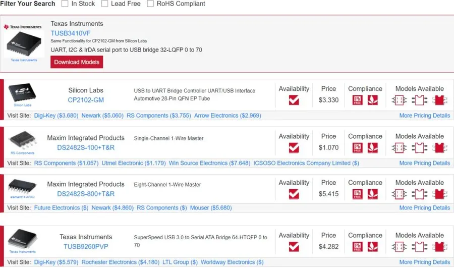 A website search bar with results for different electronic components.