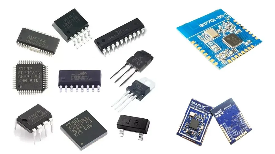 A package of purchased electronic components ready for assembly.