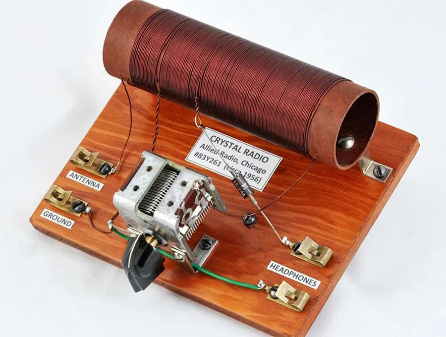 An old radio showing its internal components including diodes.