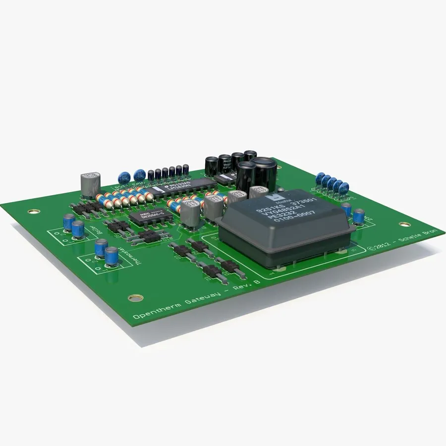 A 3D rendering of a designed PCB.