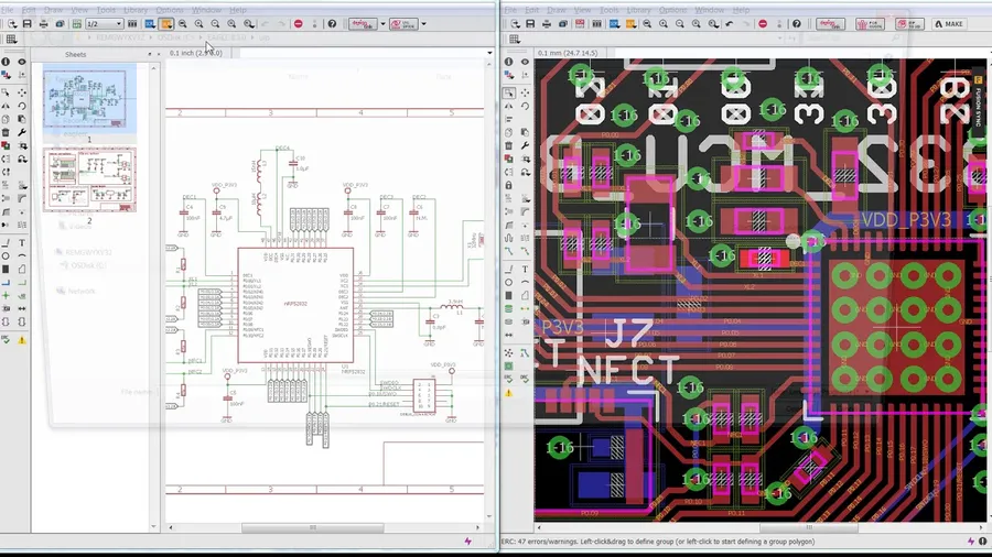 A view of a PCB layout editor showing traces and components.