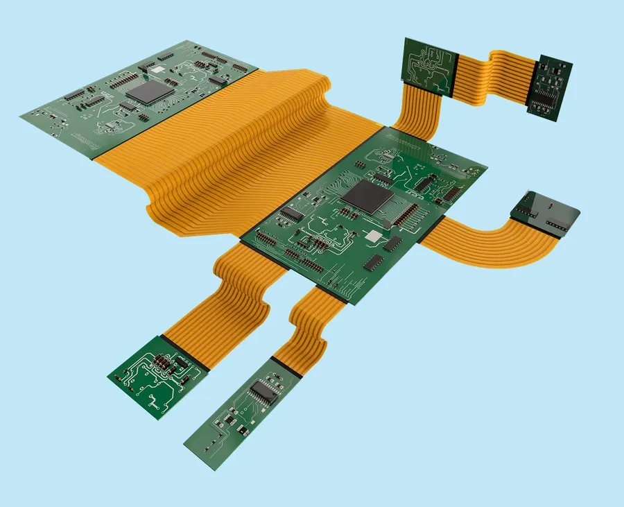 A rigid-flex PCB with both rigid and flexible sections.