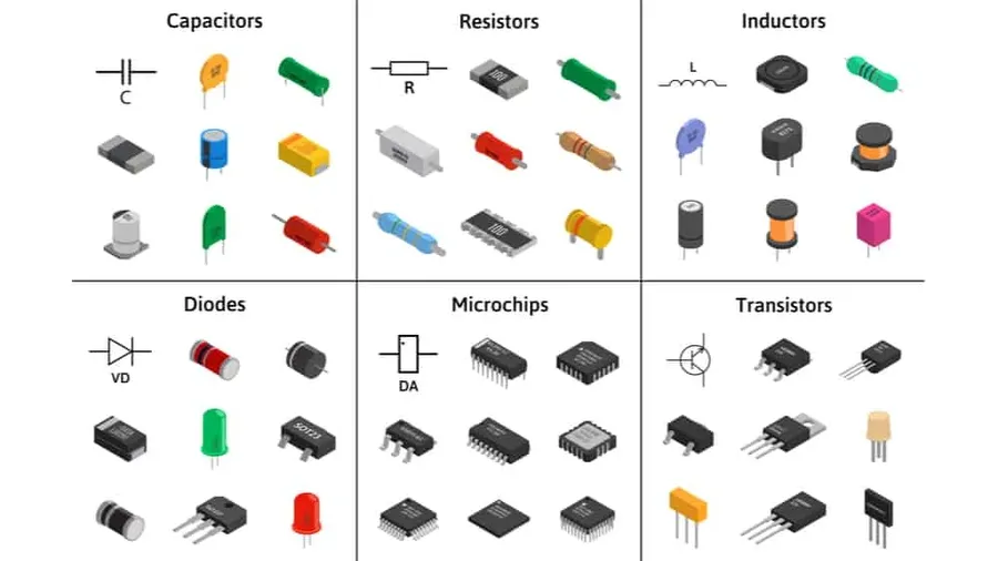 A close-up view of various types of electronic components such as resistors, capacitors, and ICs.