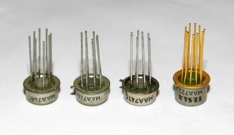 A close-up view of several uncommon or obsolete electronic components.