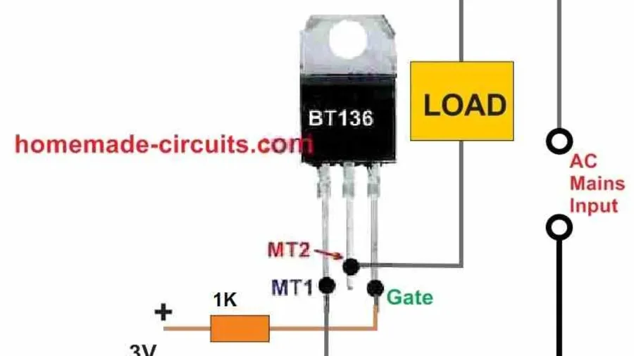 A simple circuit diagram demonstrating how a BT136 triac is used in AC switching.