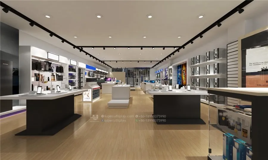 A view inside a large retail store with shelves stocked with electronics and components.