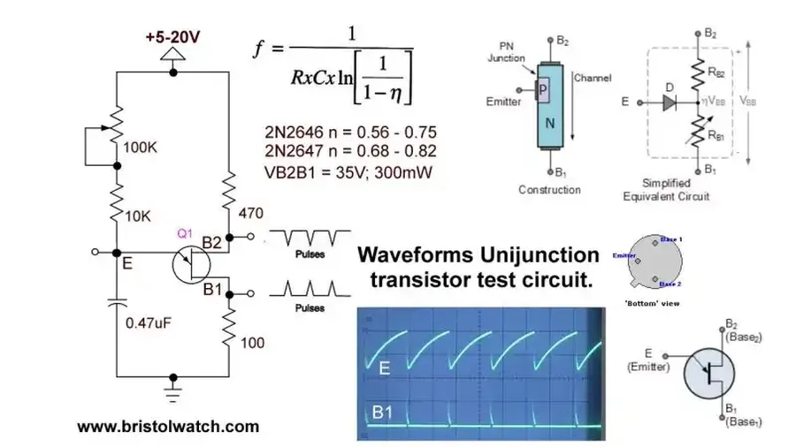 A circuit showing a unijunction transistor used in a timing application.