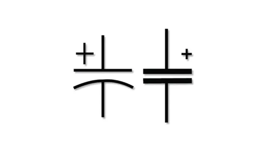 A drawing of common capacitor circuit symbols.