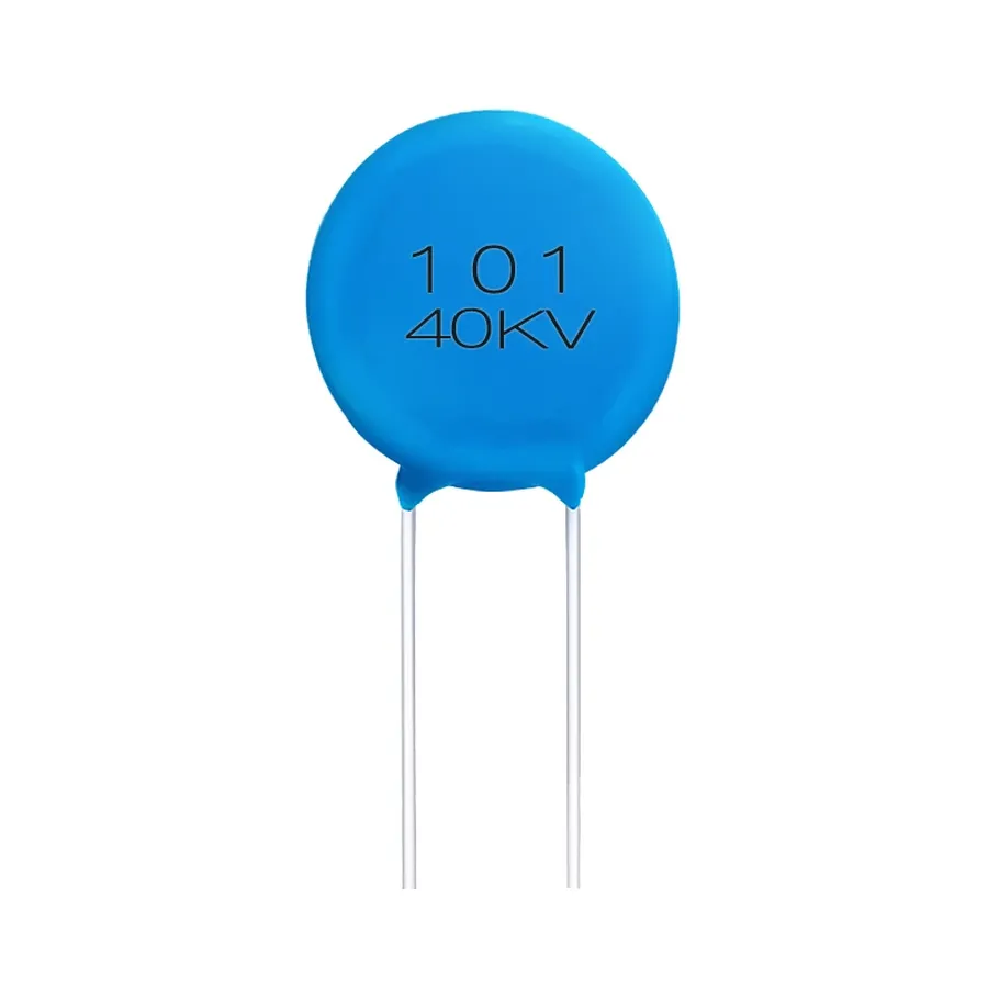 A close-up of a ceramic capacitor with its markings visible.