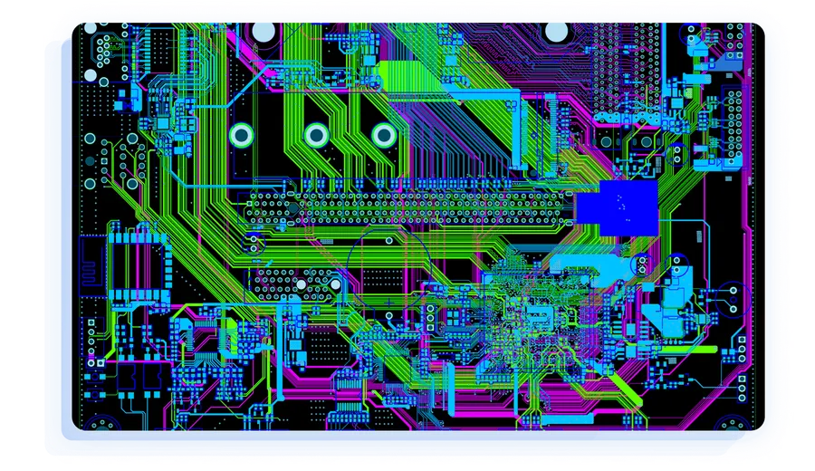 A view of a PCB layout being designed in EasyEDA software.