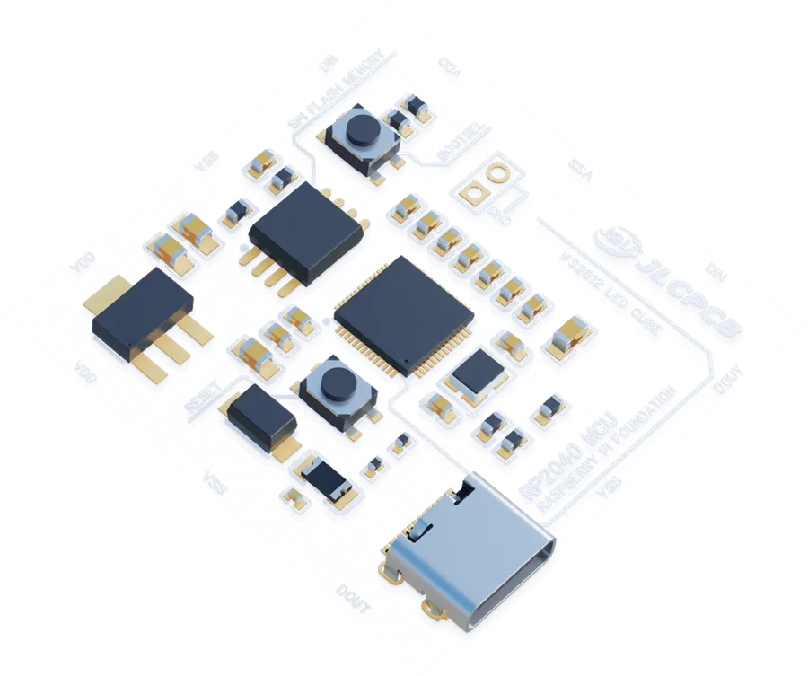 A manufactured PCB board with components, produced by JLCPCB.