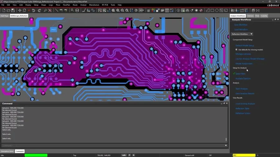A PCB design being worked on in Allegro PCB Designer software.