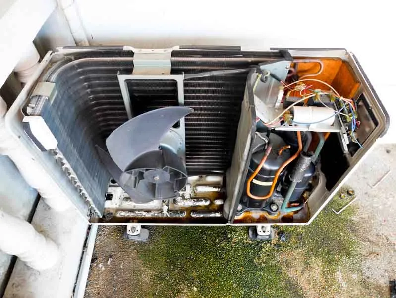 An internal view of an air conditioner showing the PCB and other components.