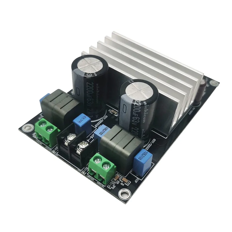 A Class D amplifier circuit board with integrated components.
