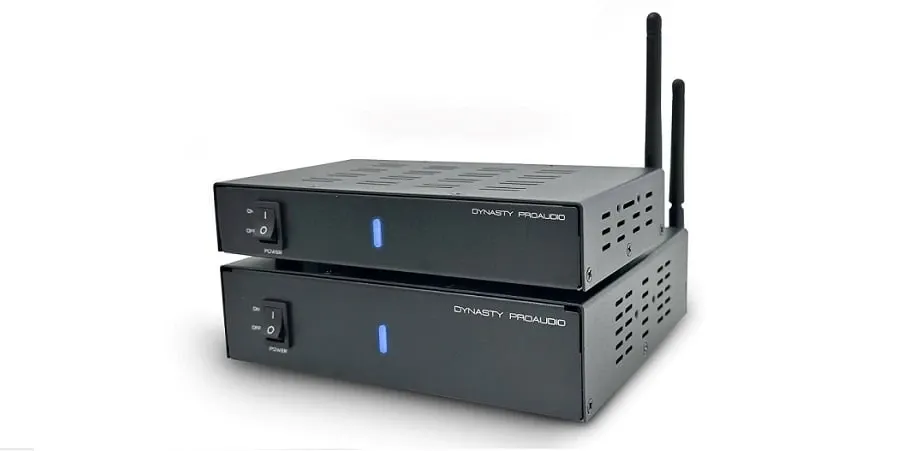 A wireless audio transmitter connected to an amplifier.