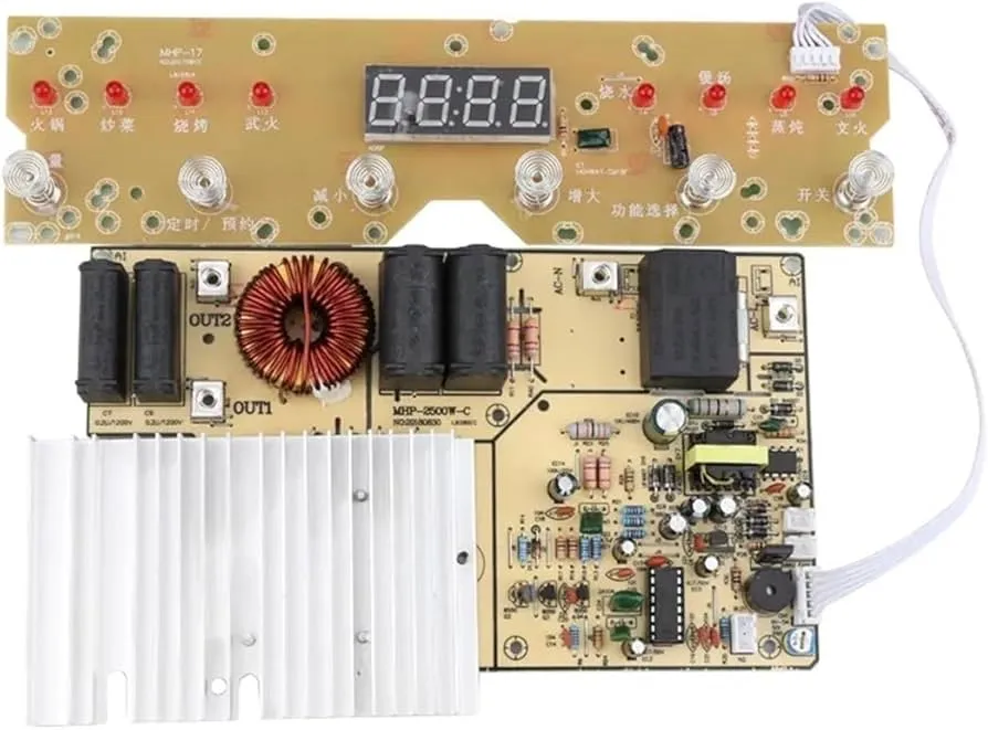 A display of induction cooker PCB boards in a retail environment.