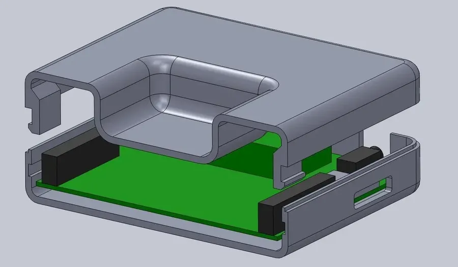 A 3D printed enclosure being used in a real world application, maybe an electronic device.