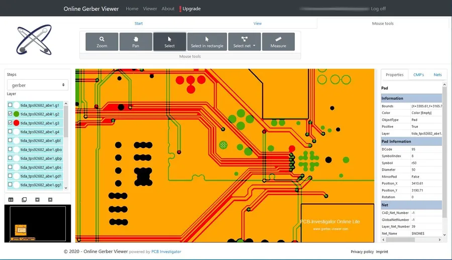 An online Gerber viewer interface displaying a PCB design.
